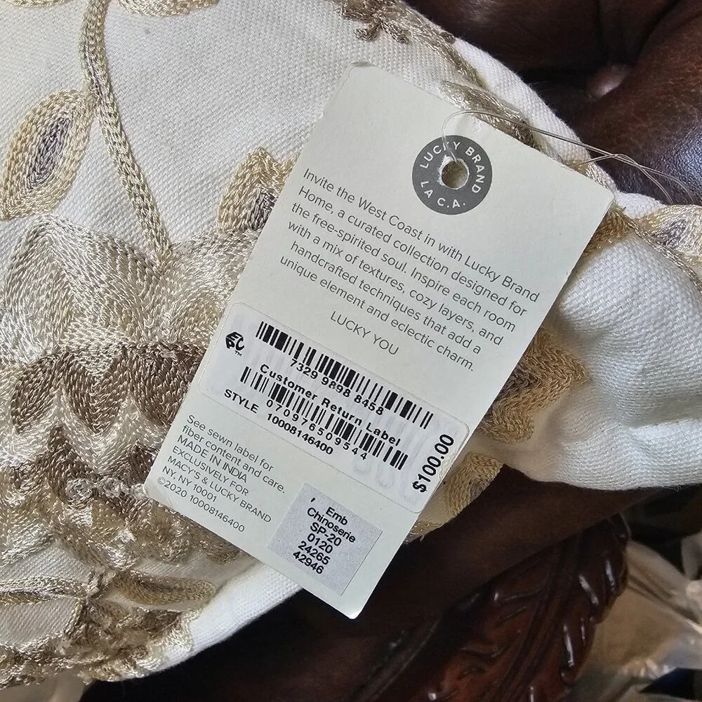 Lucky Brand Home Square embroidered beige floral/ Bird pillow 20 X 20 NWT - Picture 4 of 8